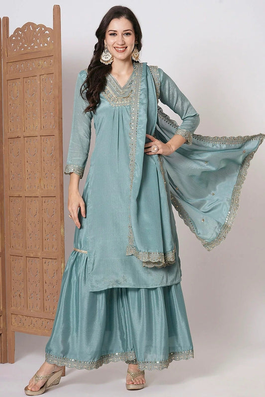 Slate Blue Chinon Stitched Salwar Suit NCSS11111927