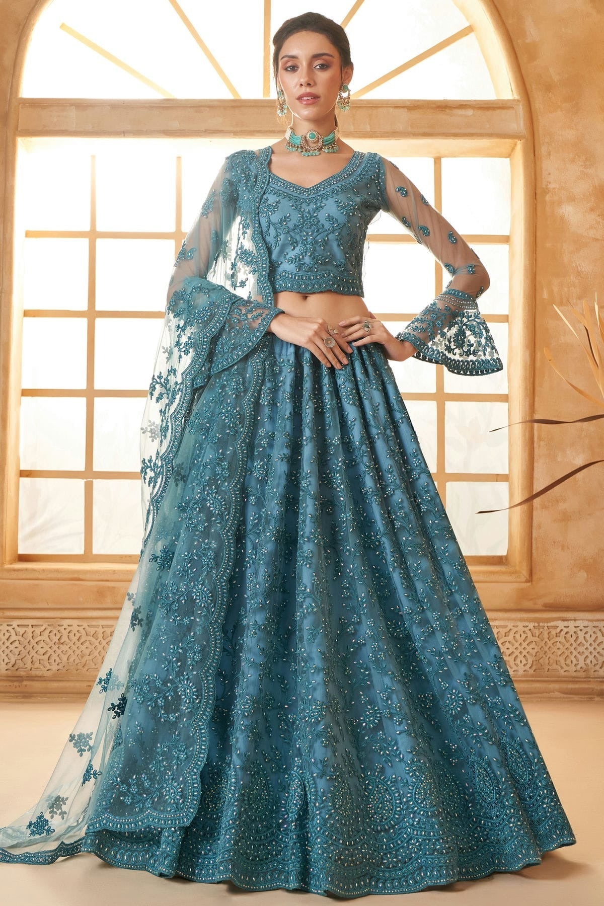 Slate Blue Embroidery Net and SilK Lehenga Choli NCLC12910125