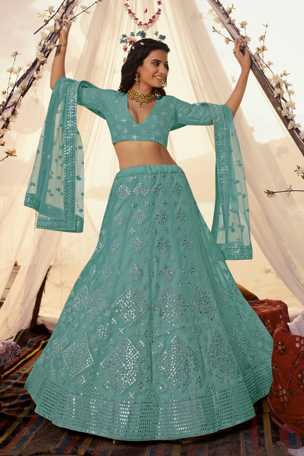 Slate Blue Embroidery Organza Lehenga Choli NCLD10810336