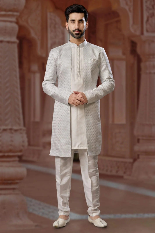 Slate Blue Jacquard and Silk Dhupion Sherwani NCSH10410230