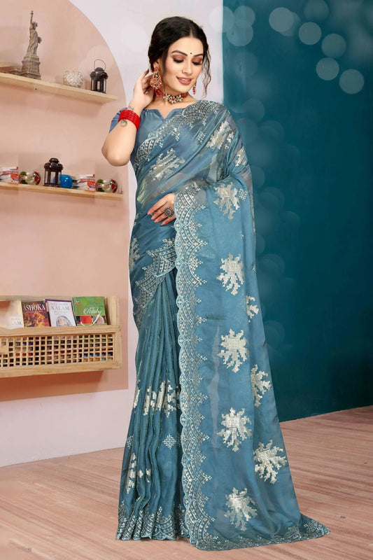 Slate Blue Organza Silk Designer Saree NCLC11210469