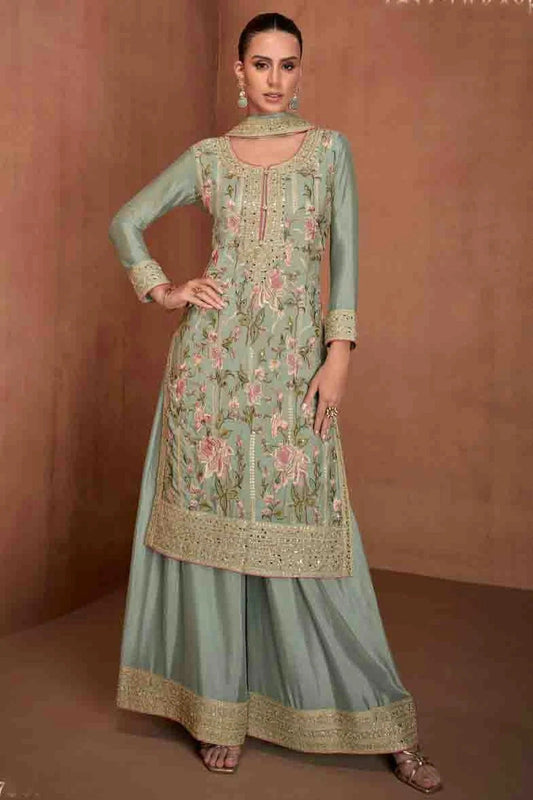 Slate Blue Semi Stitched Chinon Palazzo Pant Suit NCSM11410348