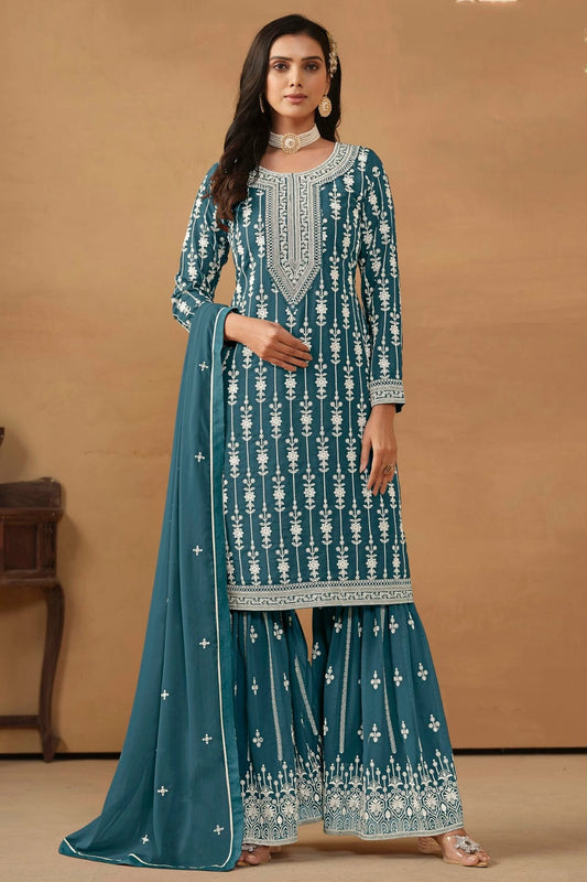 Slate Blue Semi Stitched Faux Georgette Sharara Suit NCSM10510287
