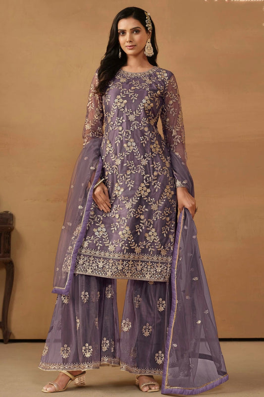 Slate Blue Semi Stitched Net Sharara Suit NCSM10510283