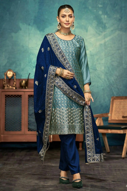 Slate Blue Semi Stitched Vichitra Silk Pant Style Suit NCSM11410414