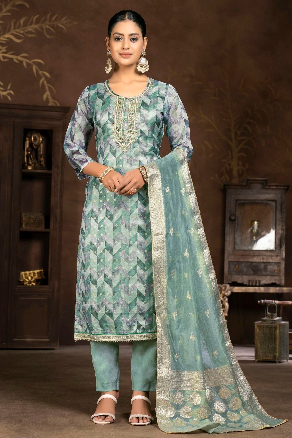 Slate Blue Unstitched Organza Jacquard Pant Style Suit NCUS11610125