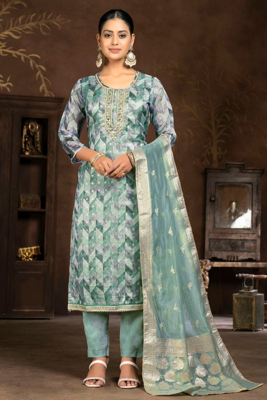 Slate Blue Unstitched Organza Jacquard Pant Style Suit NCUS11610125