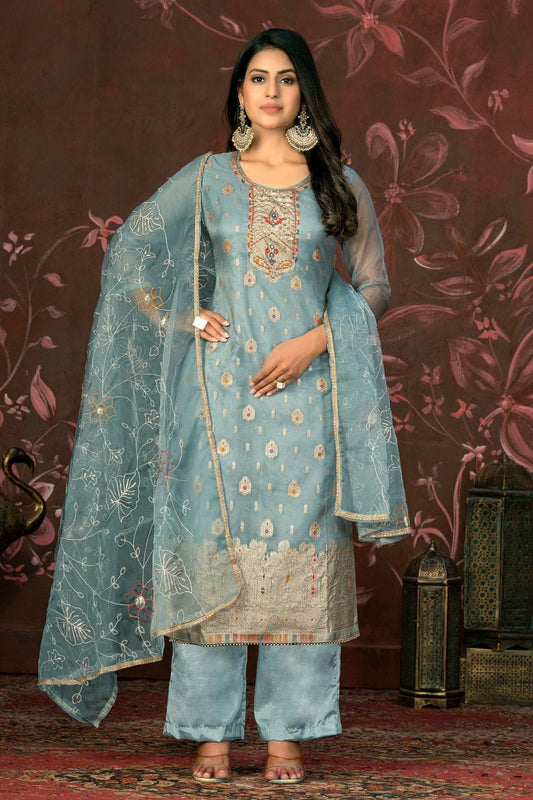 Slate Blue Unstitched Organza Jacquard Straight Suit NCUS11610130
