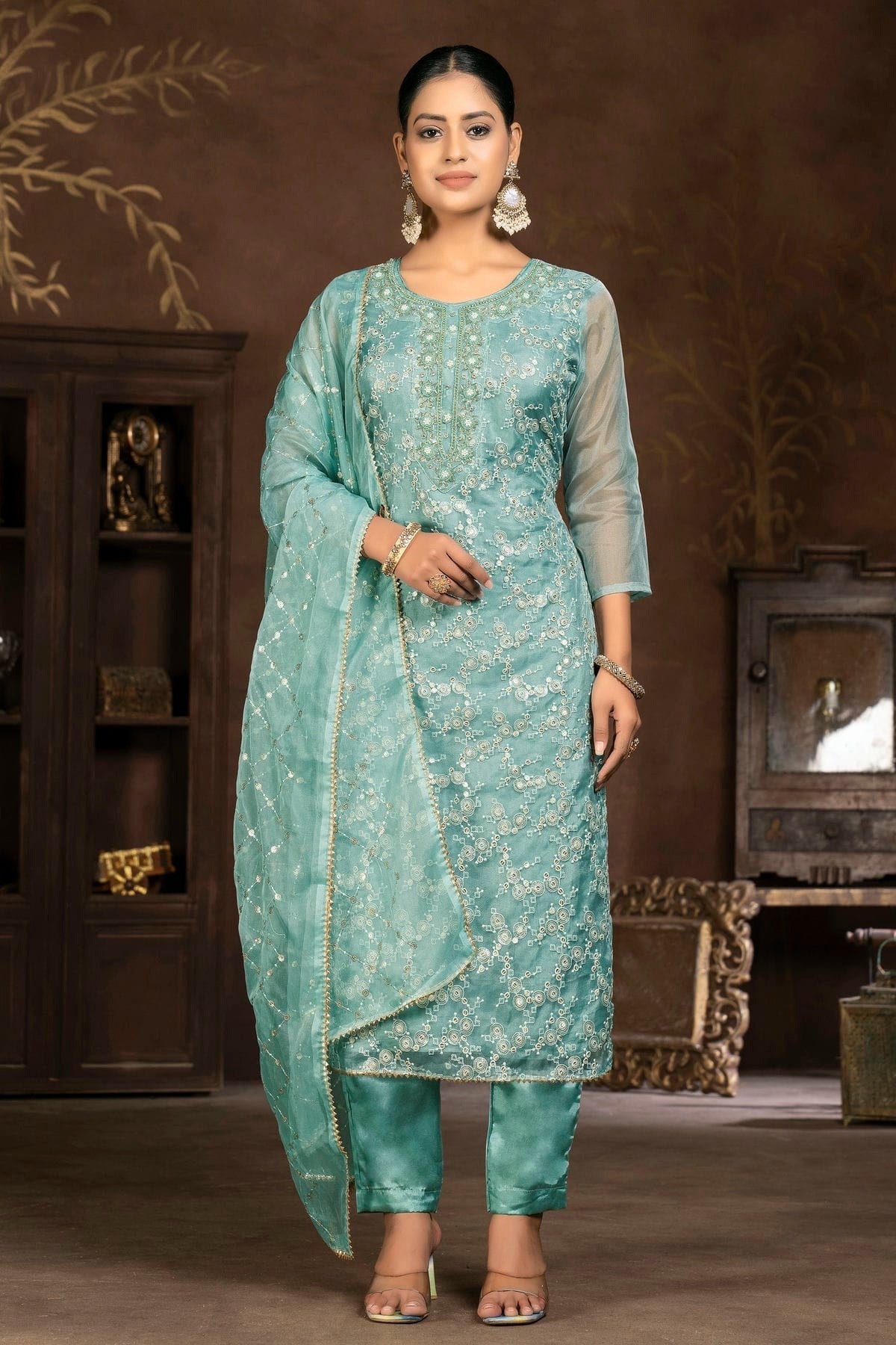 Slate Blue Unstitched Pure Organza Pant Style Suit NCUS11610114