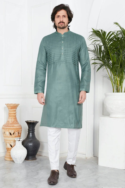 Slate Green Linen Cotton Pintex Kurta Pajama NCKP12310247