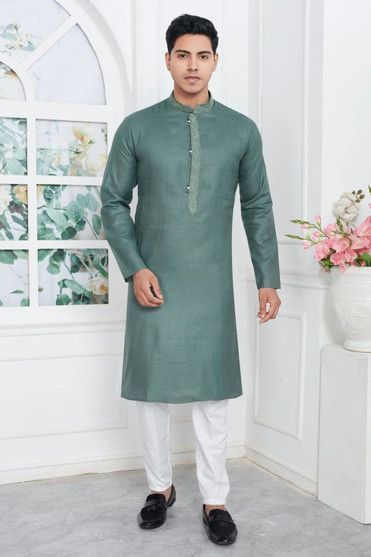 Slate Green Linen Cotton Thread Kurta Pajama NCKP12310237