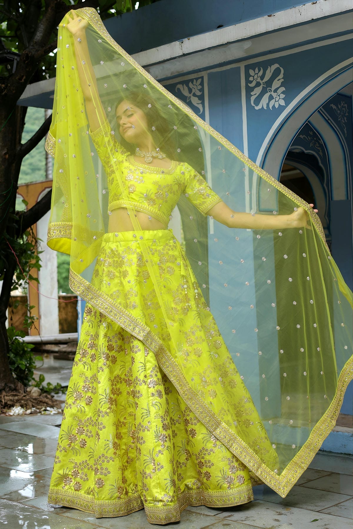 Slub Silk Lehenga Choli In Neon Green Colour LC10110192