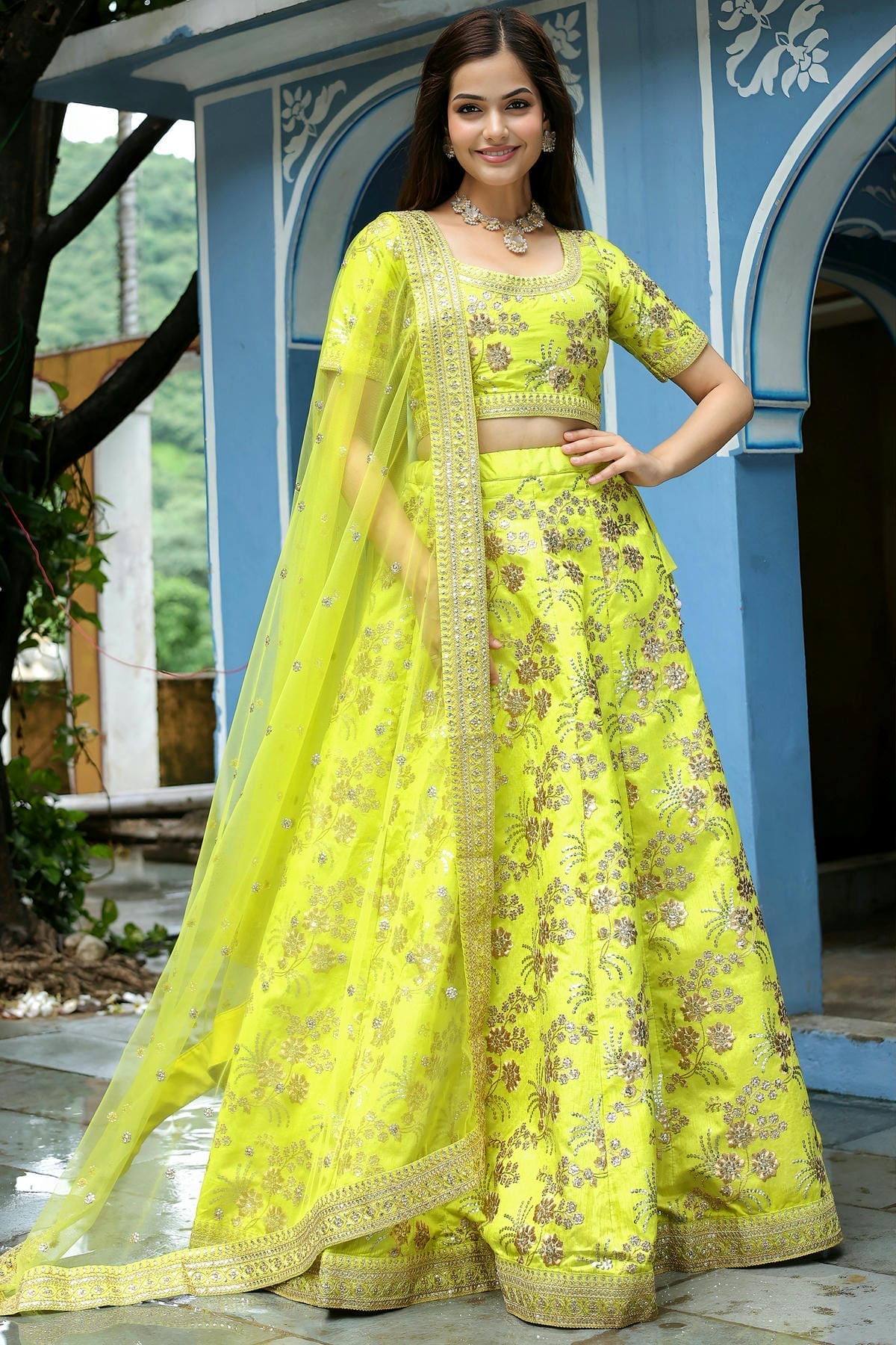 Slub Silk Lehenga Choli In Neon Green Colour LC10110192