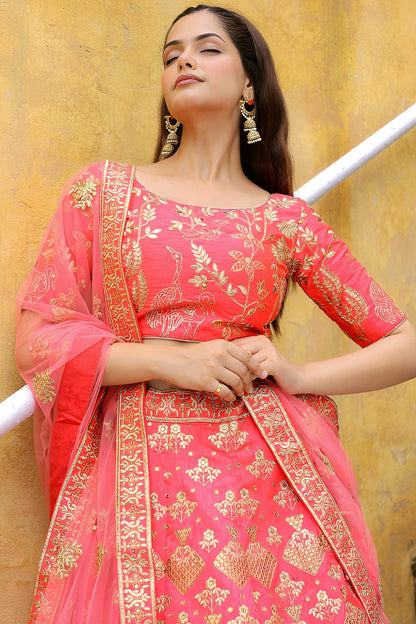 Slub Silk Lehenga Choli In Peach Colour LC10110184