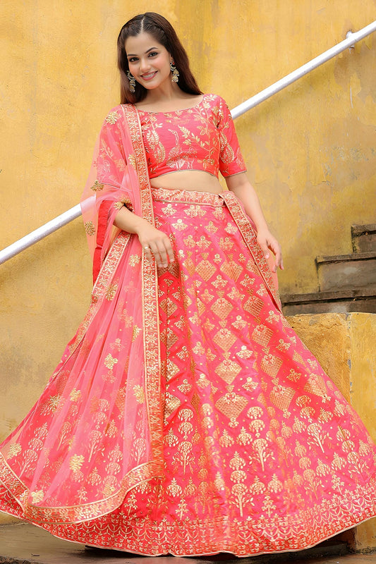 Slub Silk Lehenga Choli In Peach Colour LC10110184