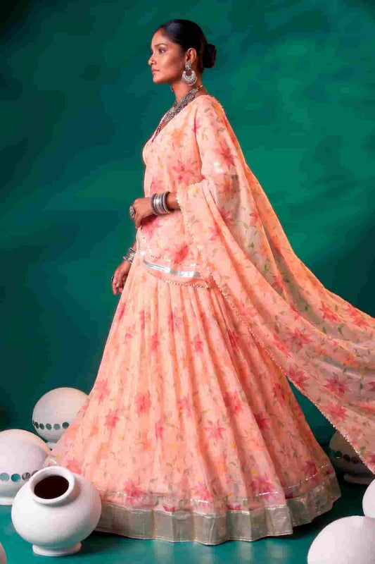 Tabby Silk Floral Print Lehenga Choli In Peach Colour NCLD1300096
