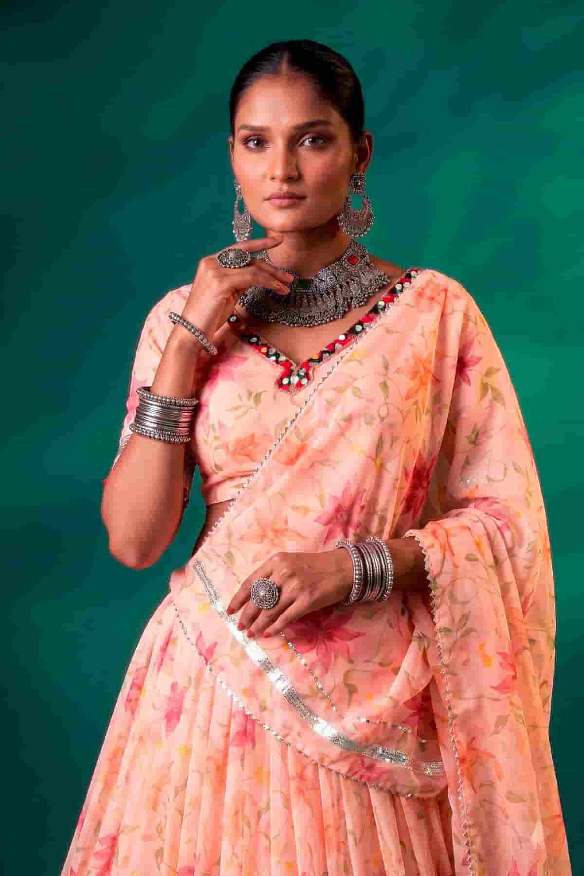 Tabby Silk Floral Print Lehenga Choli In Peach Colour NCLD1300096