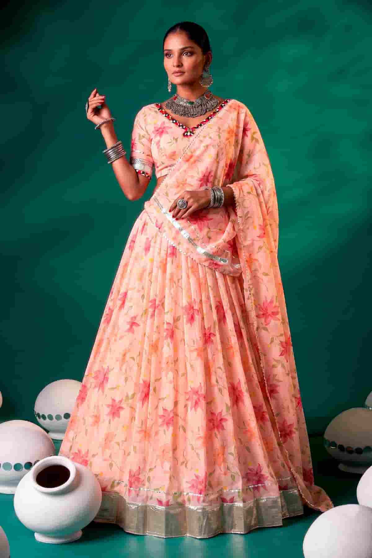 Tabby Silk Floral Print Lehenga Choli In Peach Colour NCLD1300096