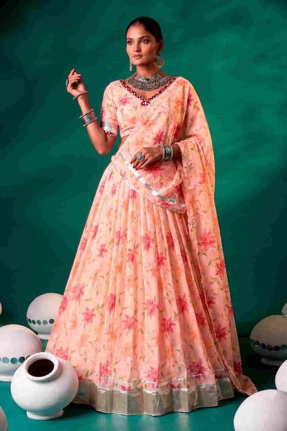 Tabby Silk Floral Print Lehenga Choli In Peach Colour NCLD1300096