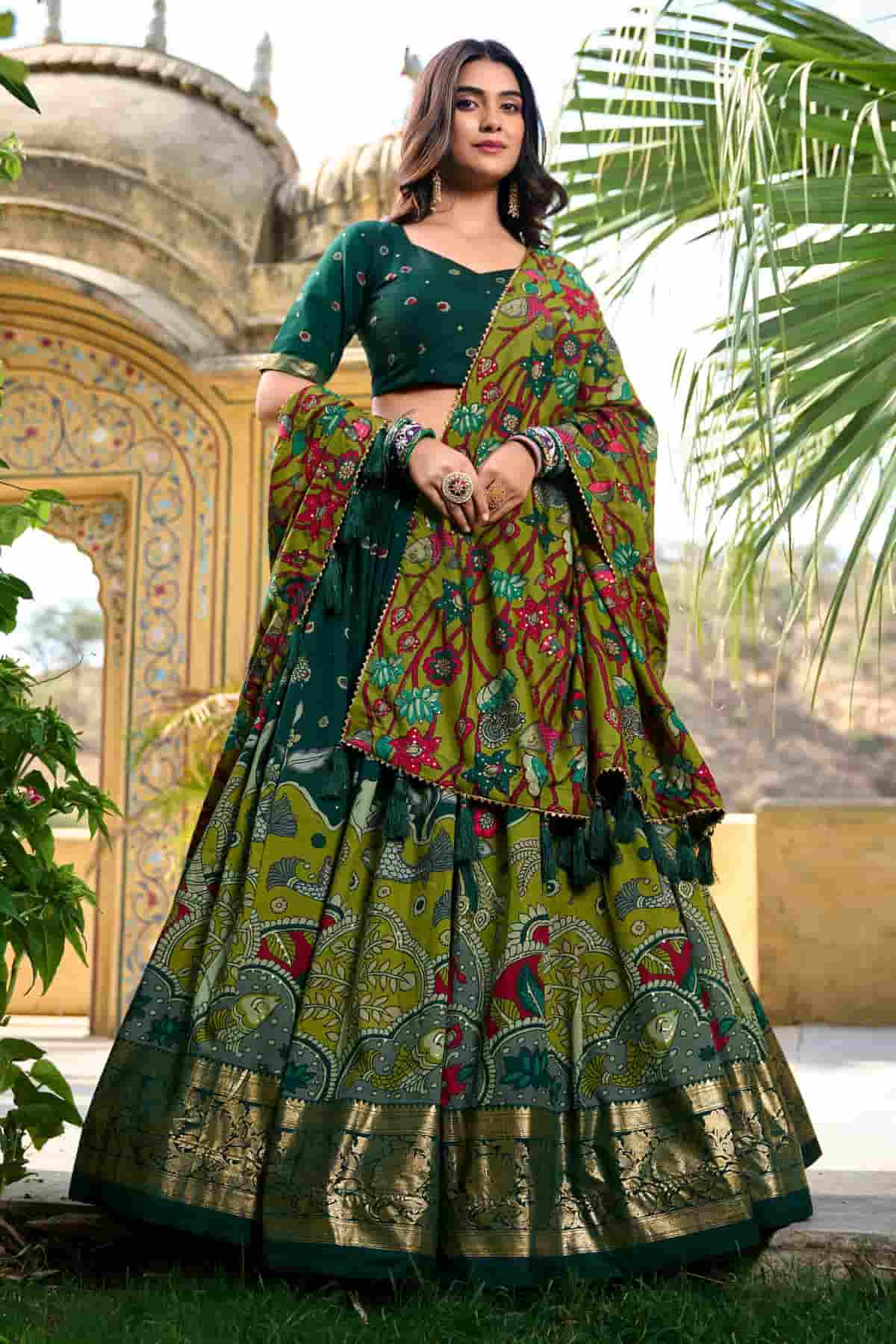 Tasar Silk Kalamkari Print Foil Work Lehenga Choli In Green Colour NCLD1300084
