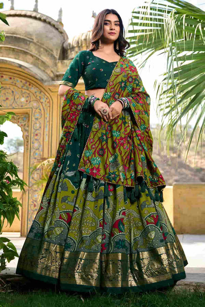 Tasar Silk Kalamkari Print Foil Work Lehenga Choli In Green Colour NCLD1300084