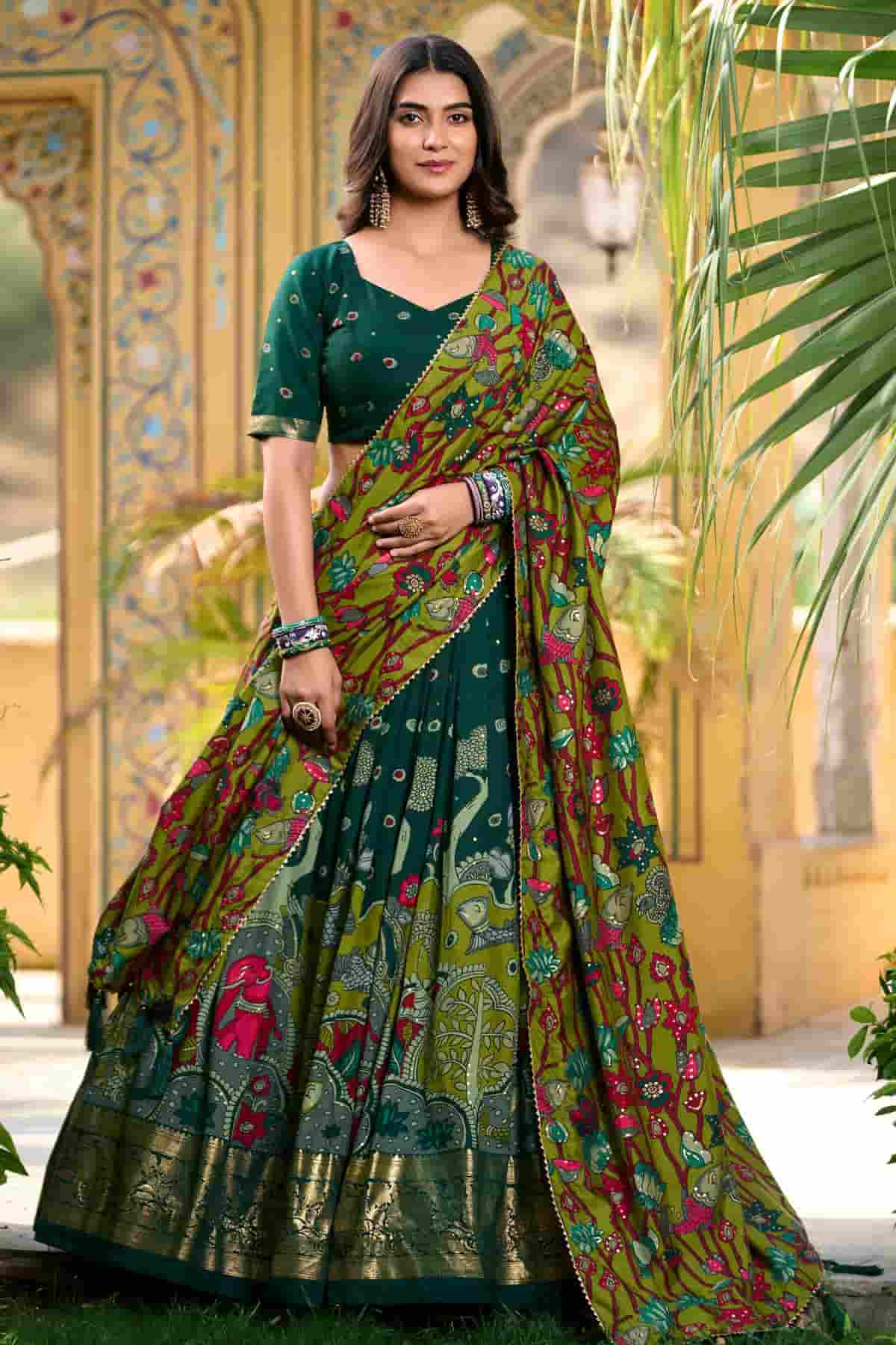 Tasar Silk Kalamkari Print Foil Work Lehenga Choli In Green Colour NCLD1300084