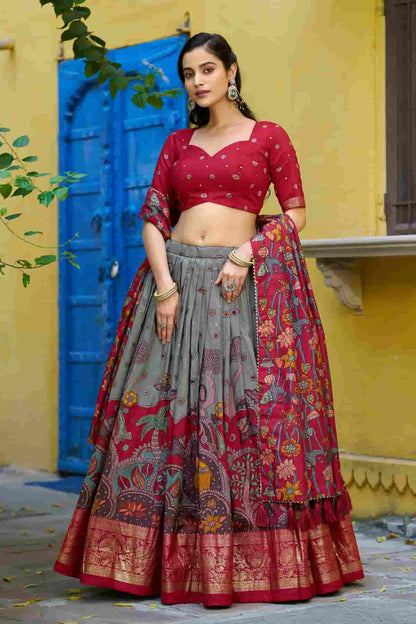 Tasar Silk Kalamkari Print Foil Work Lehenga Choli In Grey Colour NCLD1300083