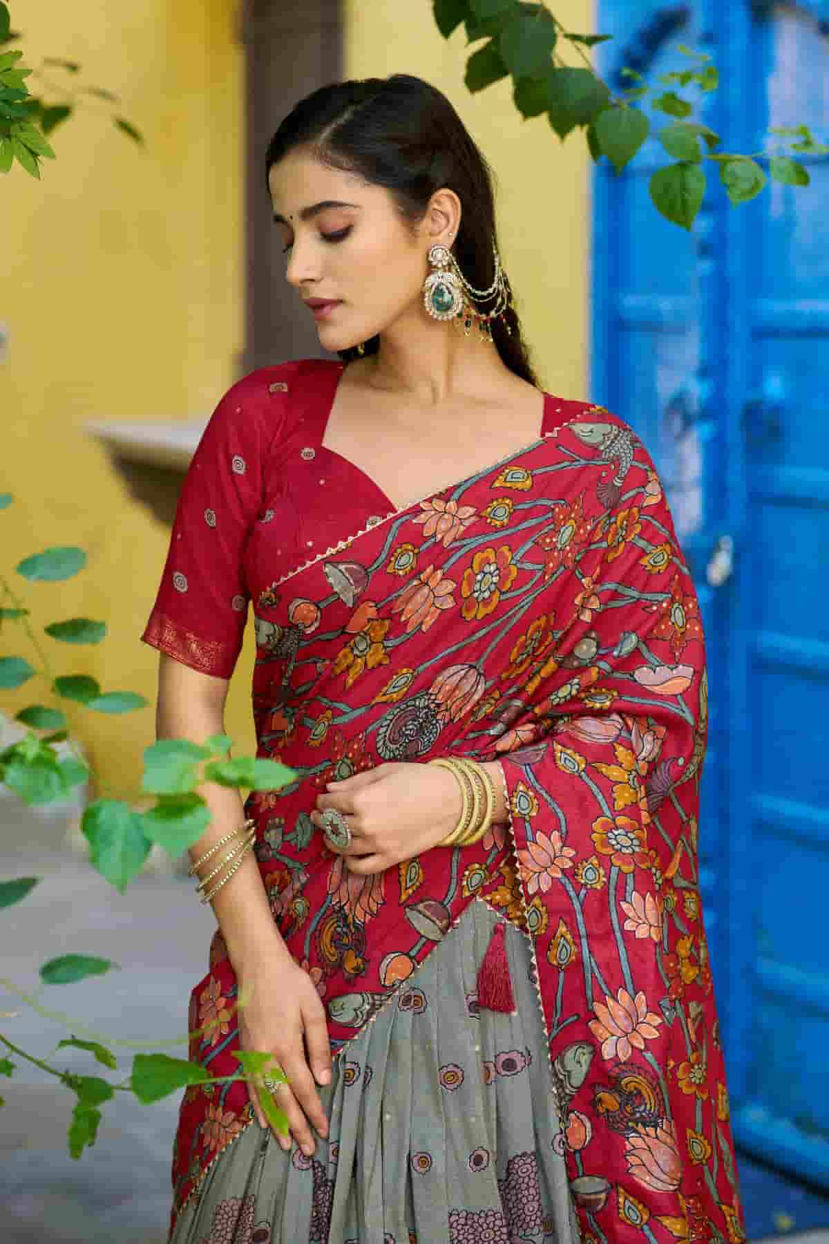Tasar Silk Kalamkari Print Foil Work Lehenga Choli In Grey Colour NCLD1300083
