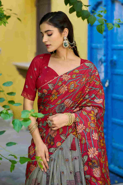 Tasar Silk Kalamkari Print Foil Work Lehenga Choli In Grey Colour NCLD1300083