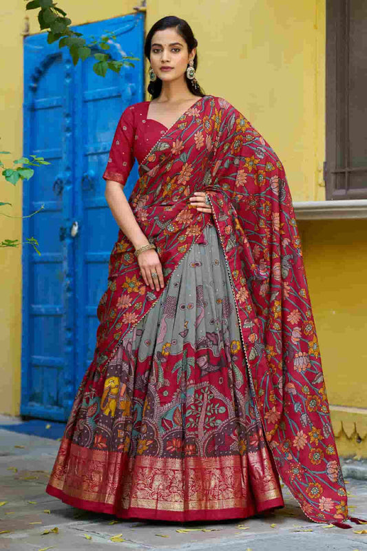 Tasar Silk Kalamkari Print Foil Work Lehenga Choli In Grey Colour NCLD1300083