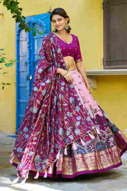 Tasar Silk Kalamkari Print Foil Work Lehenga Choli In Light Pink Colour NCLD1300080