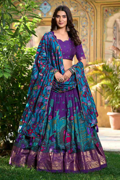 Tasar Silk Kalamkari Print Foil Work Lehenga Choli In Purple Colour NCLD1300081