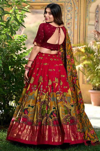 Tasar Silk Kalamkari Print Foil Work Lehenga Choli In Red Colour NCLD1300082