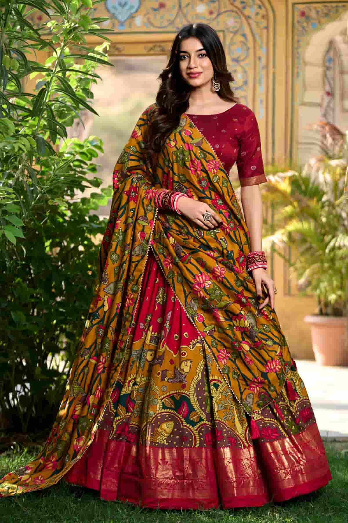 Tasar Silk Kalamkari Print Foil Work Lehenga Choli In Red Colour NCLD1300082