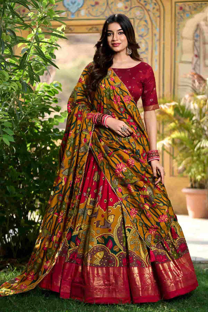 Tasar Silk Kalamkari Print Foil Work Lehenga Choli In Red Colour NCLD1300082