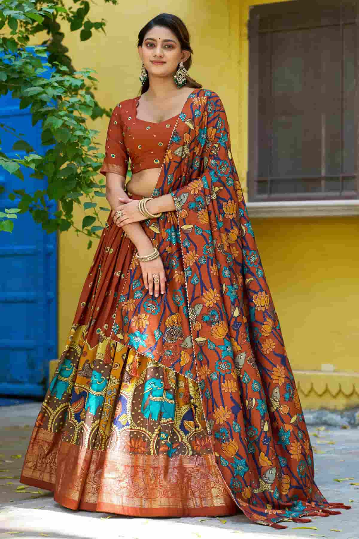 Tasar Silk Kalamkari Print Foil Work Lehenga Choli In Red Colour NCLD1300085