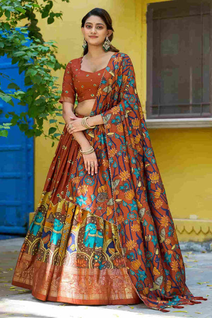 Tasar Silk Kalamkari Print Foil Work Lehenga Choli In Red Colour NCLD1300085