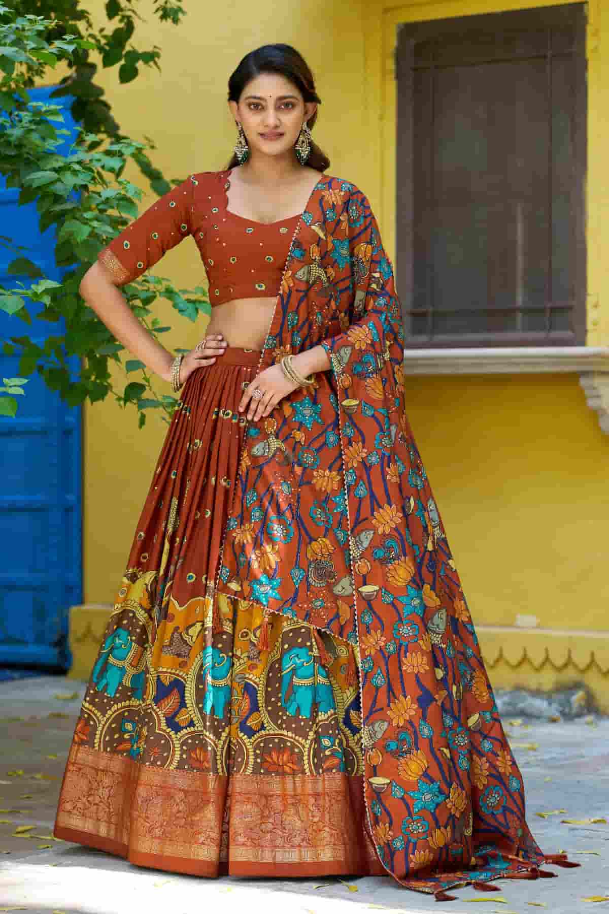 Tasar Silk Kalamkari Print Foil Work Lehenga Choli In Red Colour NCLD1300085