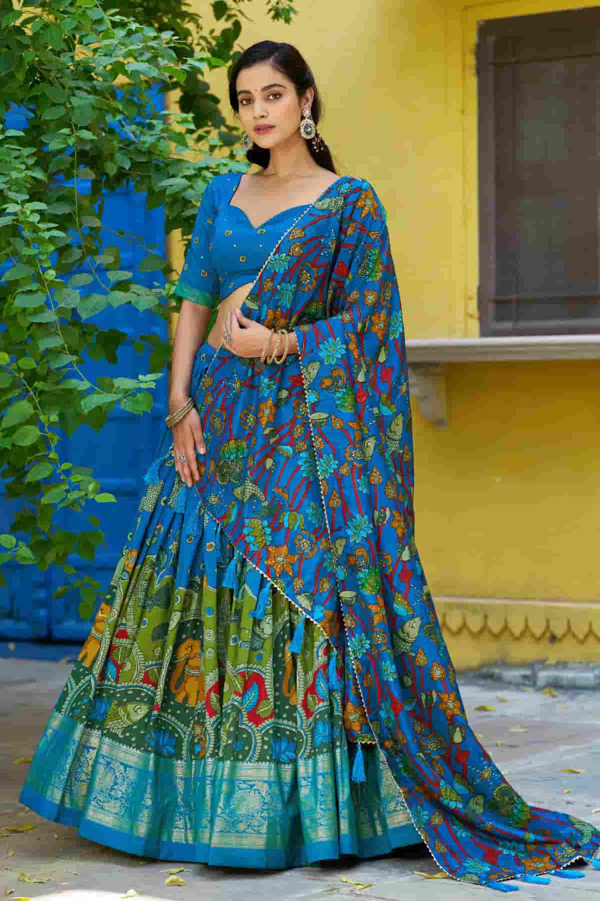 Tasar Silk Kalamkari Print Foil Work Lehenga Choli In Sky Blue Colour NCLD1300079
