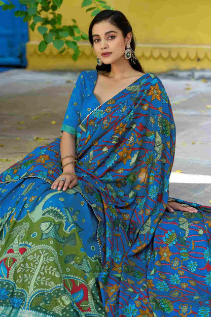 Tasar Silk Kalamkari Print Foil Work Lehenga Choli In Sky Blue Colour NCLD1300079