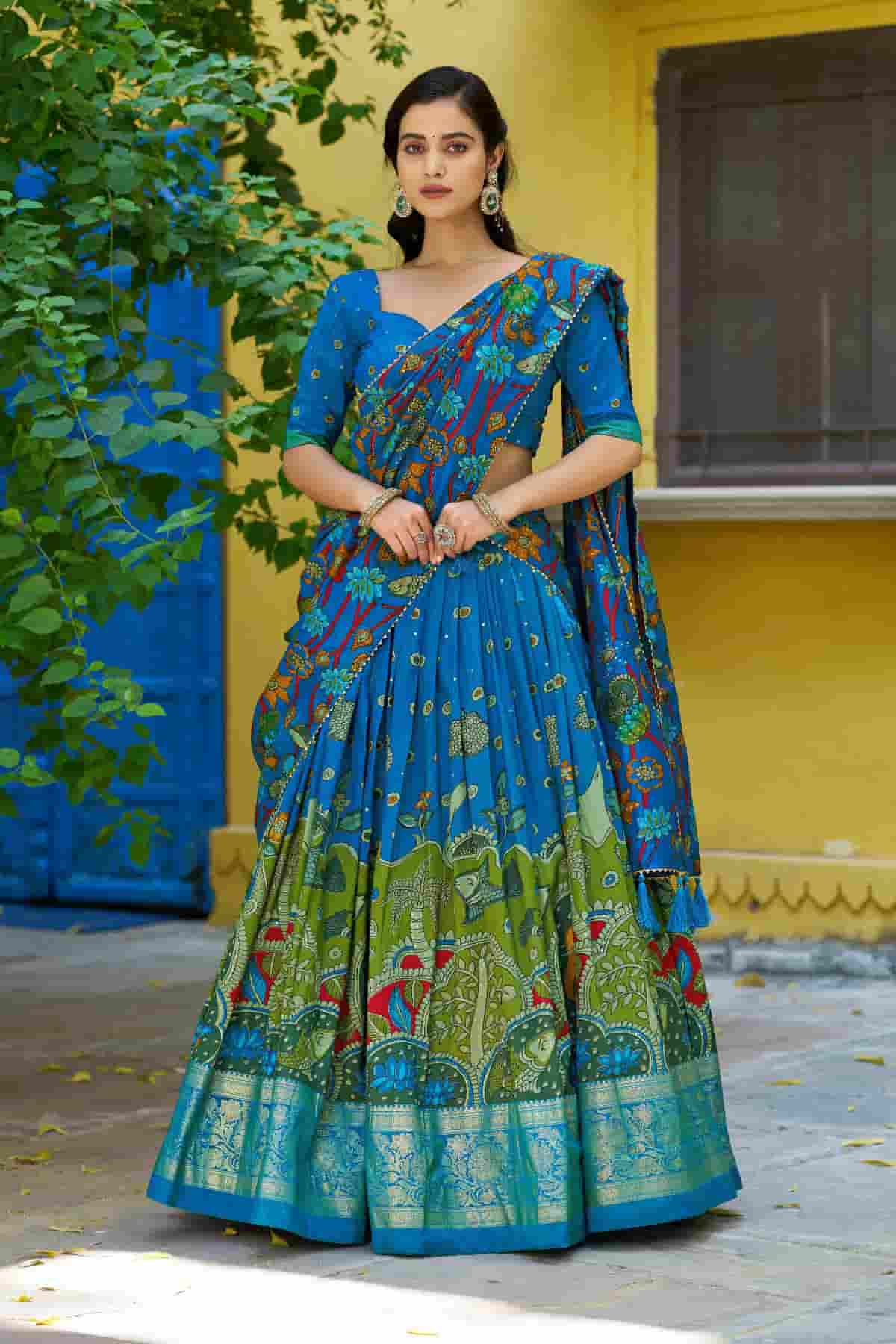 Tasar Silk Kalamkari Print Foil Work Lehenga Choli In Sky Blue Colour NCLD1300079