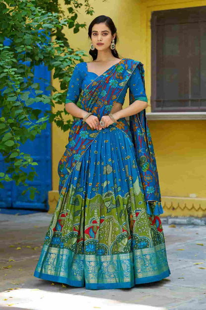 Tasar Silk Kalamkari Print Foil Work Lehenga Choli In Sky Blue Colour NCLD1300079