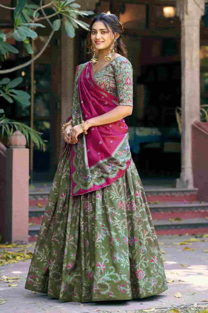 Tasar Silk Motif Foil Print Lehenga Choli In Green Colour NCLD1300041