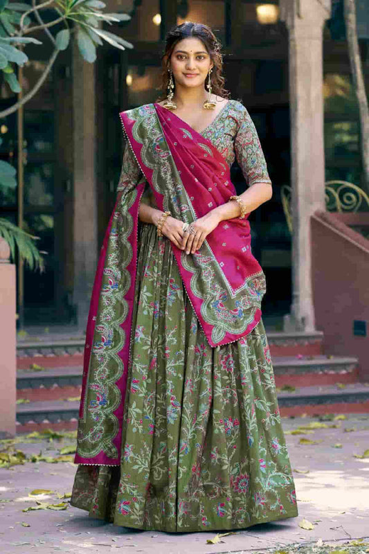 Tasar Silk Motif Foil Print Lehenga Choli In Green Colour NCLD1300041