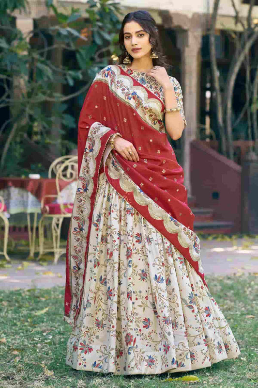 Tasar Silk Motif Foil Print Lehenga Choli In Off White Colour NCLD1300043