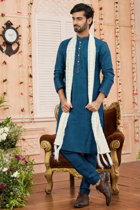 Teal Art Banarasi Silk Kurta PajamaWith Stole  NCKP12310123