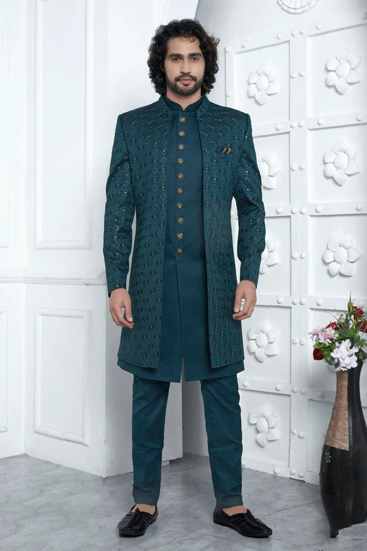 Teal Art Silk Indowestern Sherwan With Aligadhi Pant  NCSH12310354