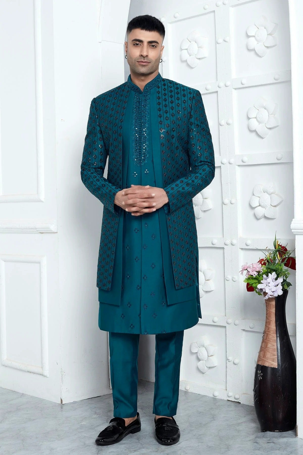 Teal Art Silk Indowestern Sherwan With Aligadhi Pant  NCSH12310359