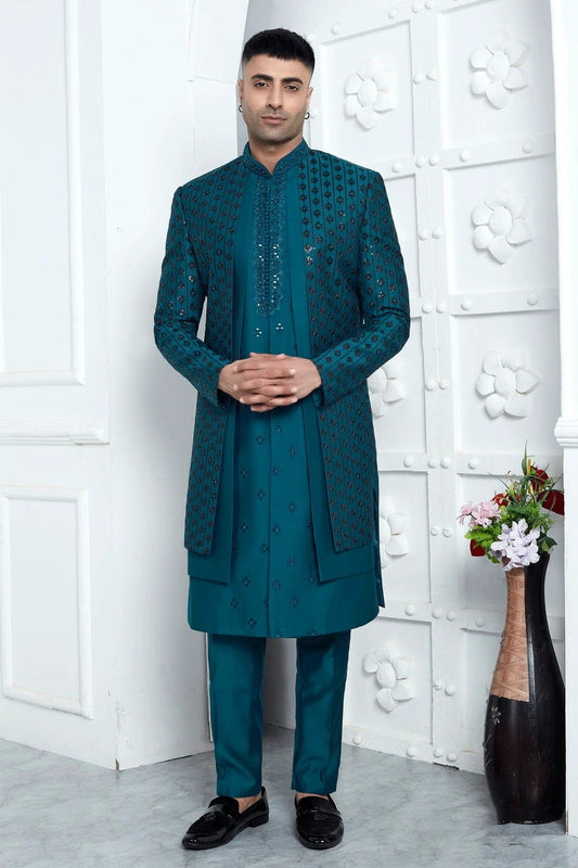 Teal Art Silk Indowestern Sherwan With Aligadhi Pant  NCSH12310359