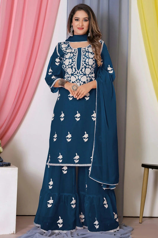 Teal Bamber Georgette Sharara Suit NCSM11112405